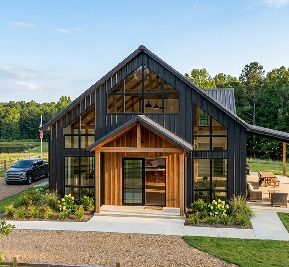 Dark barndominium home with wood accents by a barndo builder in Picayune MS