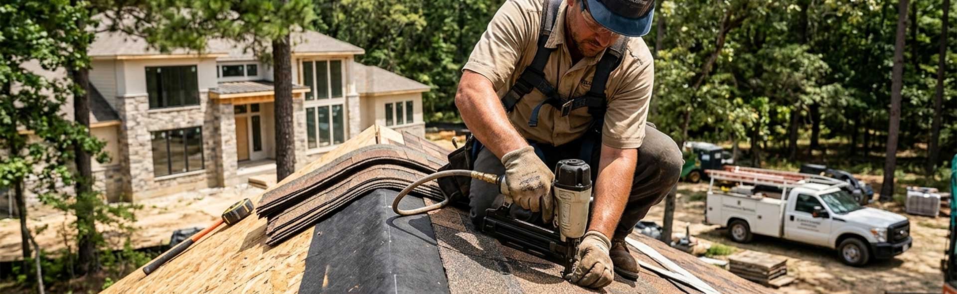 Roofer installing shingles on a new home build in Picayune MS by custom home builder Kaidence Homes
