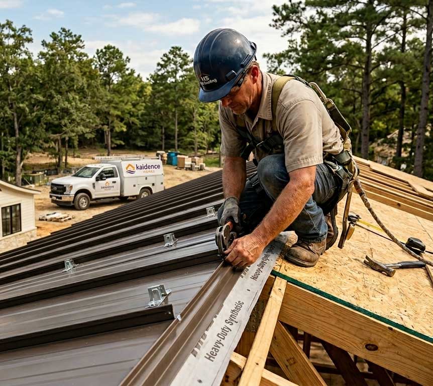 Contractor installing a metal roof on a house build in Pass Christian MS