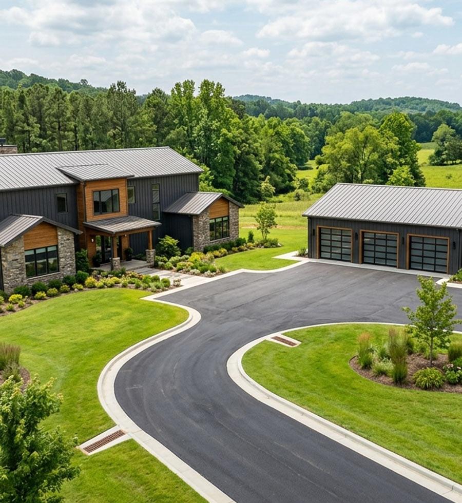 Aerial view of a custom home with detached garage by a home builder in Waveland MS